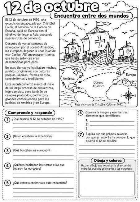 ✨ ¡Aprendemos sobre el 12 de octubre! Comparto estas hojas de trabajo para abordar el 12 de octubre de una manera sencilla, comprensible y adecuada para niños de primaria. Las actividades incluy