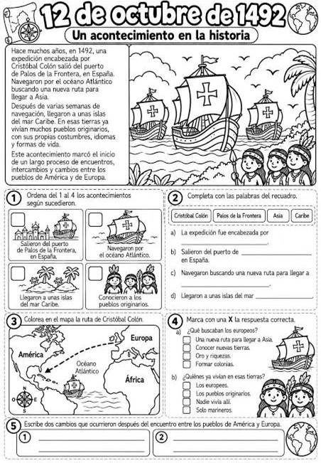 ✨ ¡Aprendemos sobre el 12 de octubre! Comparto estas hojas de trabajo para abordar el 12 de octubre de una manera sencilla, comprensible y adecuada para niños de primaria. Las actividades incluy
